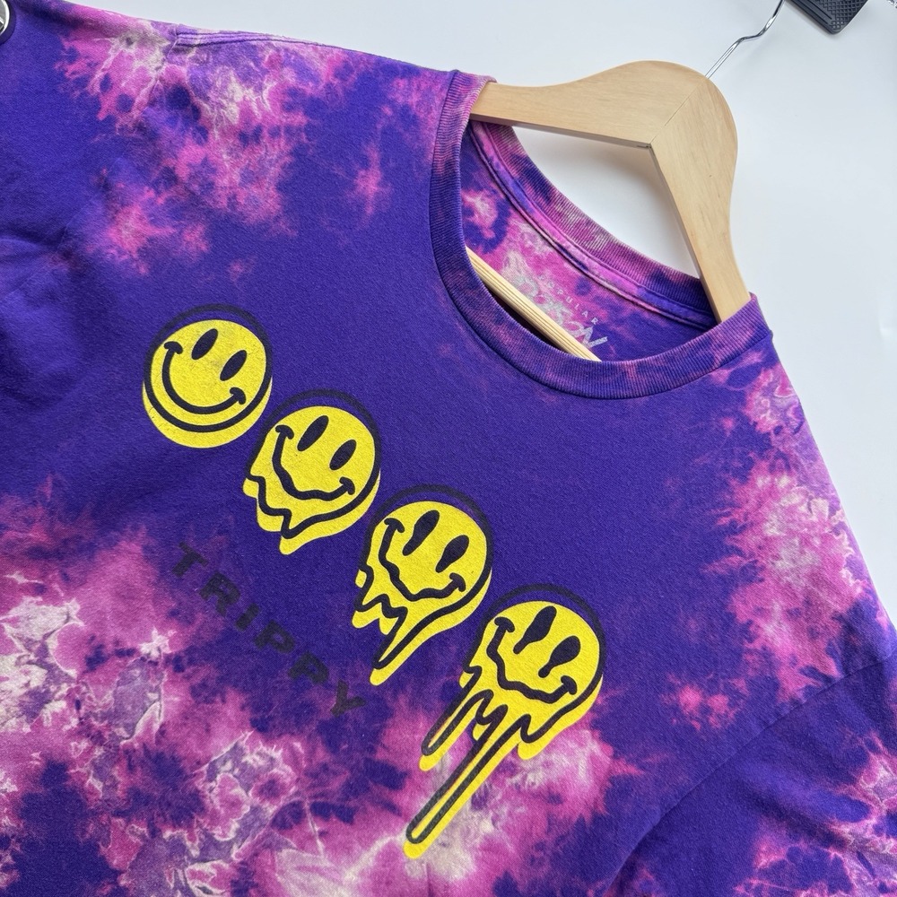 Popular Poison Trippy Smiley Face T Shirt Mens Large Purple Tie Dye Graphic Y2K